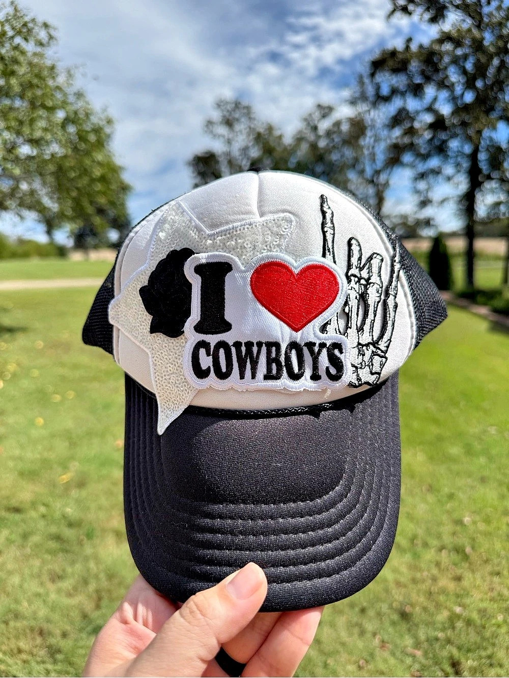 I Heart Cowboys Trucker Hat Black & White Like New